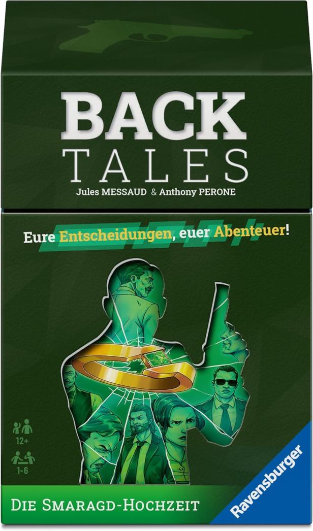 Spielschachtel von "Back Tales: Die Smaragd-Hochzeit" mit illustrierten Agenten und Ehering.