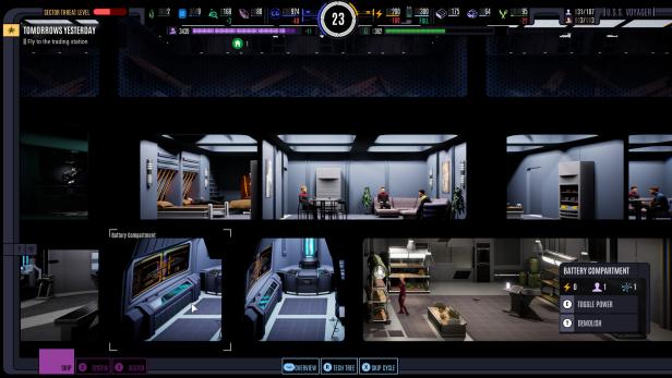 Mehrere Crewmitglieder der U.S.S. Voyager sitzen in verschiedenen Räumen des Raumschiffs, während Ressourcen- und Statusanzeigen das Management-Gameplay des Spiels zeigen.