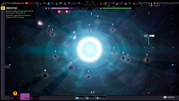 Die Systemkarte aus Star Trek Voyager: Across the Unknown zeigt die Voyager und verschiedene erkundbare Planeten mit Ressourcen- und Missionssymbolen.