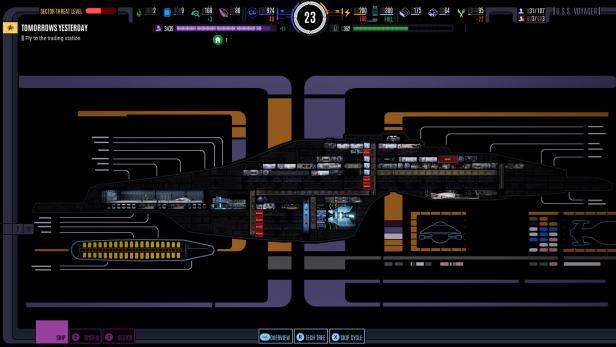 Die Systemkarte aus Star Trek Voyager: Across the Unknown zeigt die Voyager und verschiedene erkundbare Planeten mit Ressourcen- und Missionssymbolen.