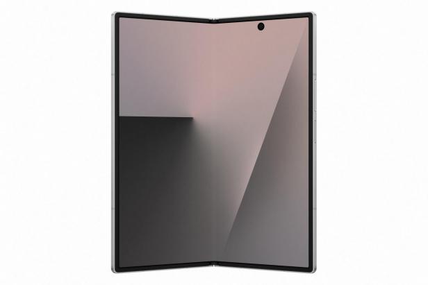 Faltbares Smartphone mit großem, aufgeklapptem Display und Frontkamera mittig oben.