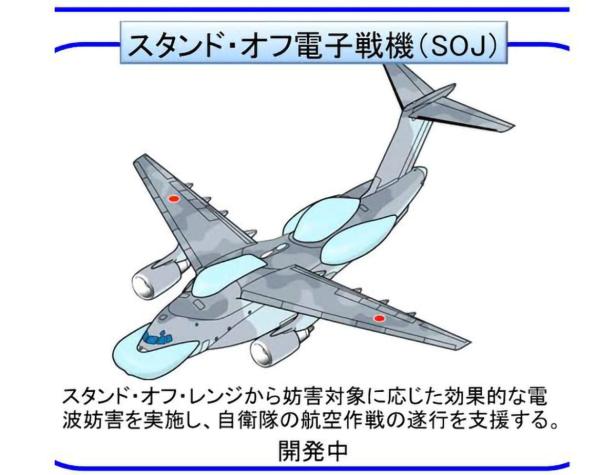 Zeichnung eines Militärflugzeugs mit breiter Nase und mehreren Buckeln auf Rumpf und Heck.