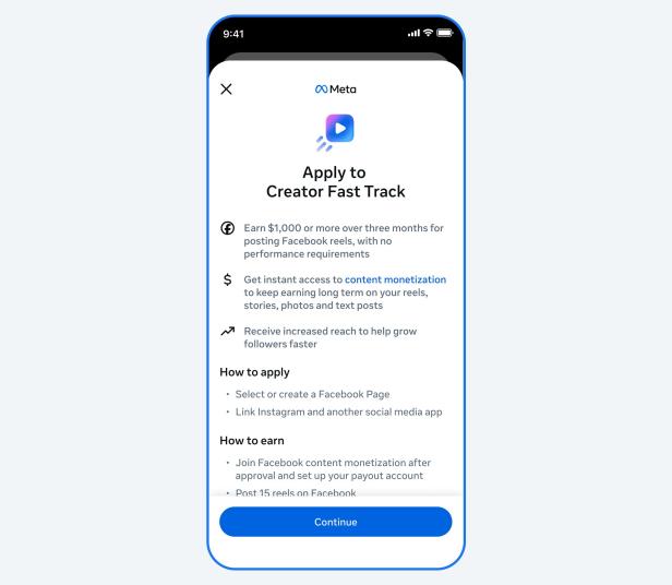 Smartphone zeigt Anmeldeseite für Metas „Creator Fast Track“-Programm mit Teilnahmebedingungen.