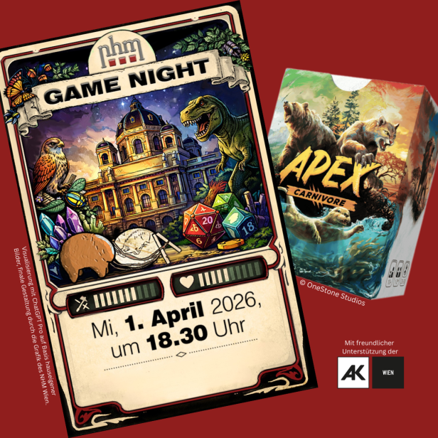 Plakat zur Game Night im Naturhistorischen Museum Wien mit Dinosaurier, Würfeln und Brettspiel „Apex Carnivore“, Termin am 1. April 2026 um 18:30 Uhr.