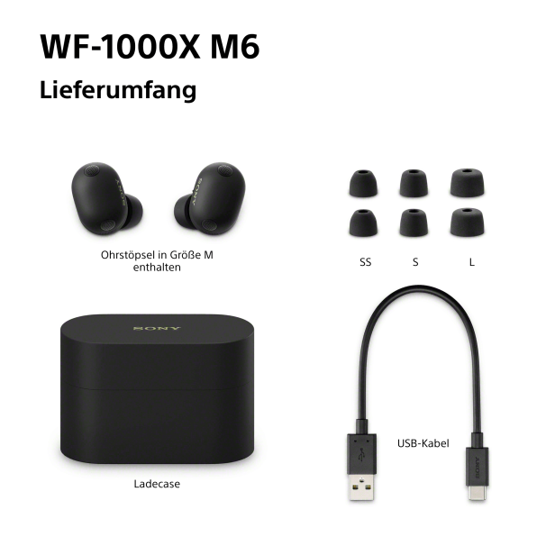 Lieferumfang der Sony WF-1000XM6: In-Ear-Kopfhörer, Ladecase, Ohrstöpsel, USB-Kabel.