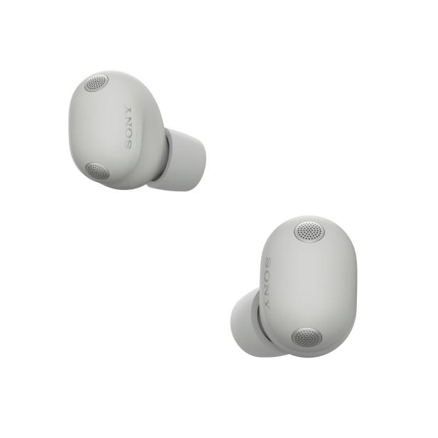 Die Sony WF-1000XM6 In-Ear-Kopfhörer in grauer Ausführung mit sichtbaren Mikrofonen und elegantem, abgerundetem Design.