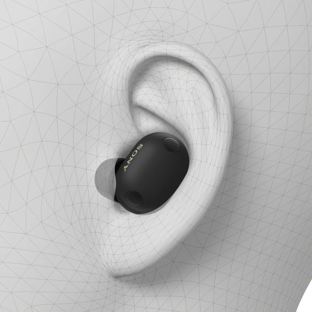 Schwarzer Sony In-Ear-Kopfhörer WF-1000XM6 sitzt in einem stilisierten Ohrmodell.