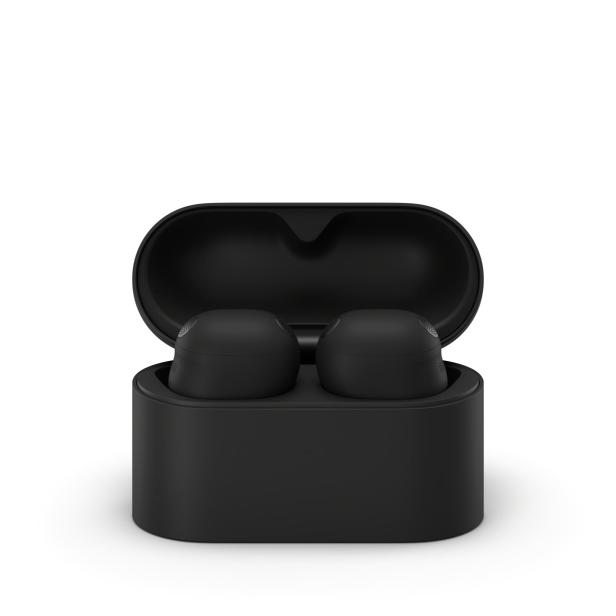 Schwarze In-Ear-Kopfhörer in passender Ladehülle mit geöffnetem Deckel.