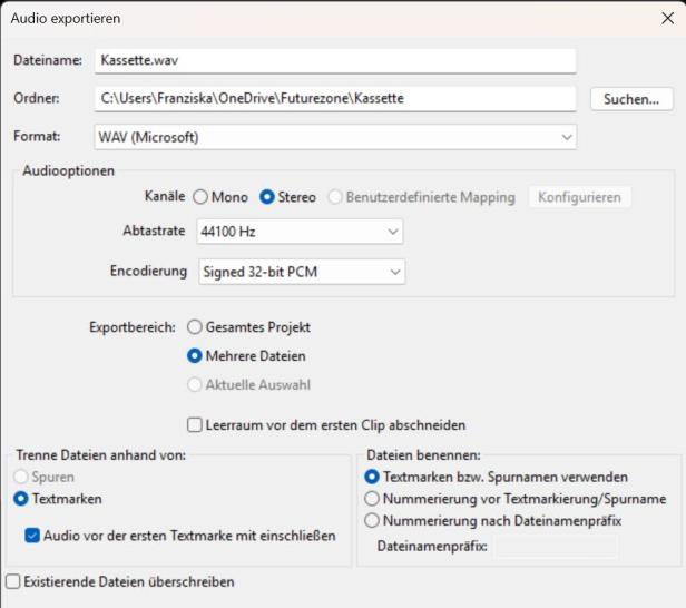 Die "Geräusche" lassen sich über die Textmarken als einzelne Songs speichern