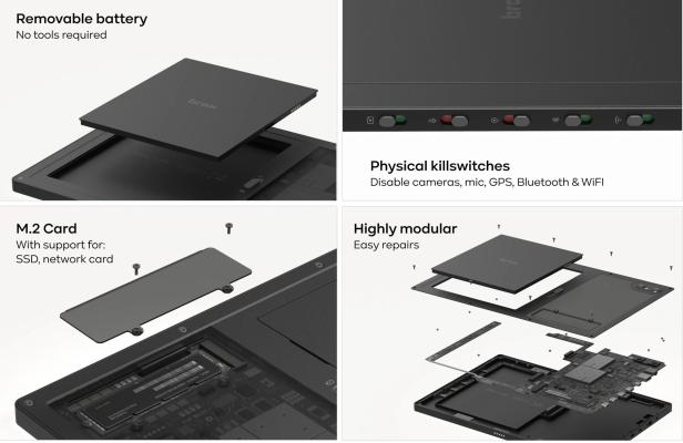 open_slate von BraxTech ermöglicht es, den Akku per Knopfruck zu tauschen und Kamera, WLAN und Mikrofon mit Schiebereglern zu deaktivieren