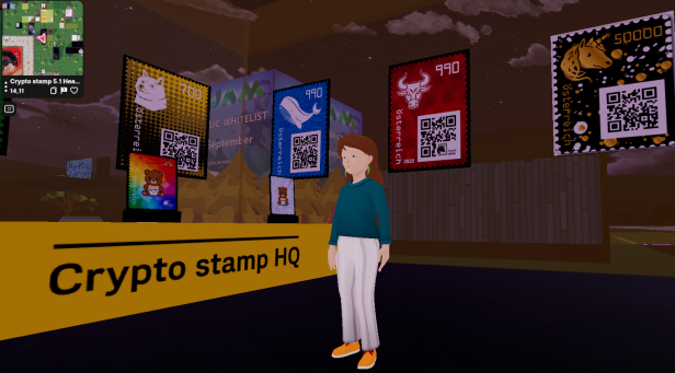 Virtuelle Figur steht im Crypto Stamp HQ, umgeben von digitalen Briefmarken mit Tiermotiven.