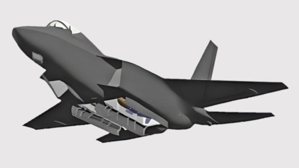 Grafik eines Stealth-Kampfjets mit geöffneten Waffenschächten