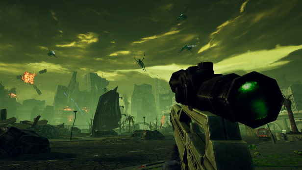 Pixelige Ego-Shooter-Szene mit futuristischer Waffe, zerstörter Stadt und fliegenden Alien-Käfern.