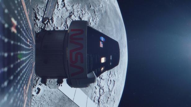 Künstlerische Darstellung des Orion-Raumschiffs bei der Mondumrundung
