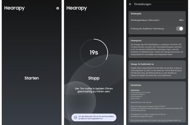 Drei Screenshots der Samsung-App Hearapy zeigen Startbildschirm, Timer während der Wiedergabe und die Einstellungen mit Erklärungen zur Funktionsweise gegen Reisekrankheit.