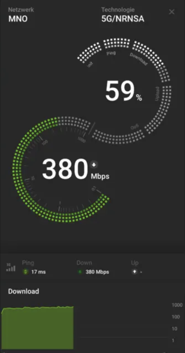 Oberfläche der RTR-Netztest-App mit mit zwei Anzeigen für Download und Upload