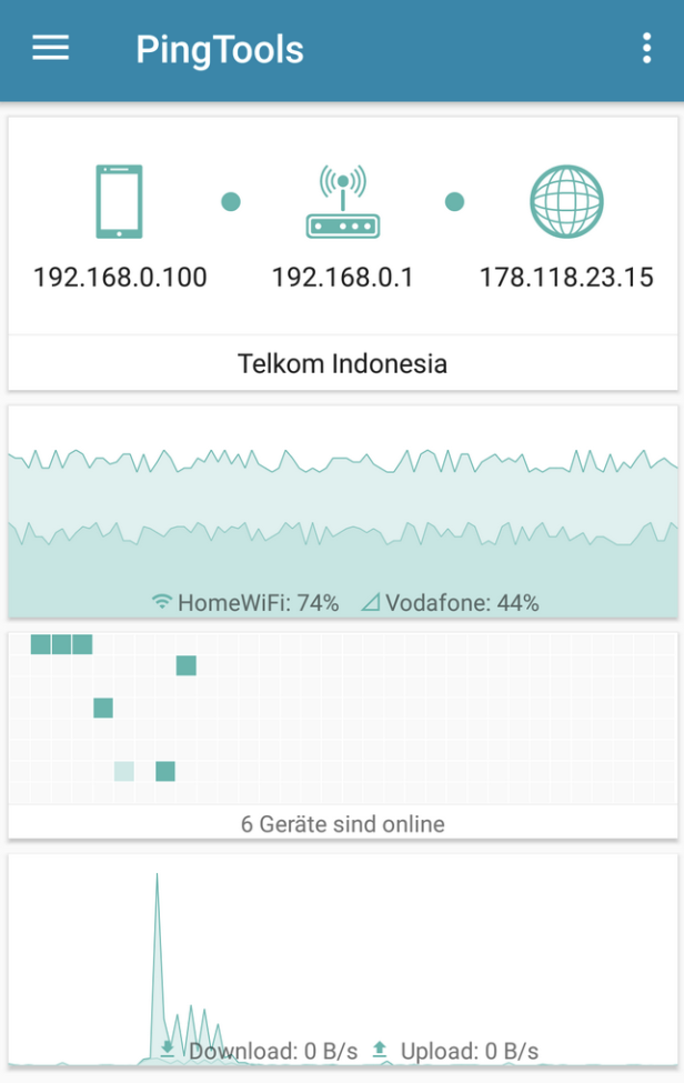 Oberfläche der PingTools-App mit Darstellung der Signalqualität, Geräte und Durchsatz