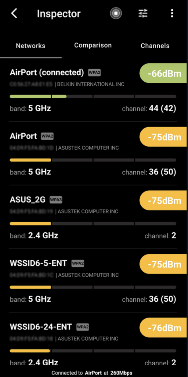 Oberfläche der PingTools-App mit Darstellung der Wifi-Netzwerke und Kanäle in der Umgebung