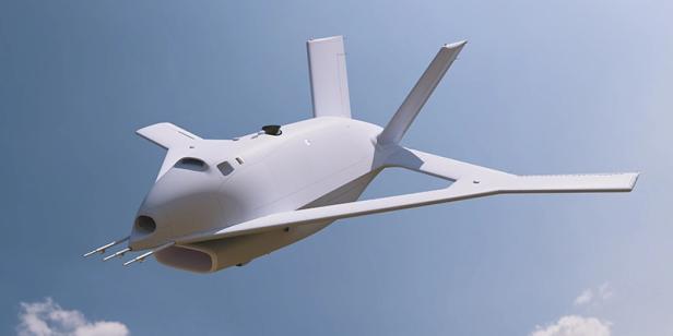 Grafik eines Prototyp-Flugzeugs mit Löchern in den Tragflächen fliegt vor blauem Himmel