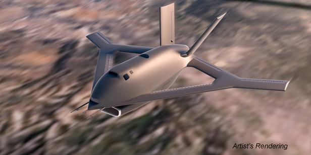 Experimentelles Flugzeug fliegt über der Wüste