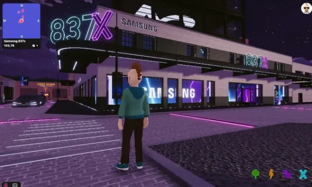 Avatar steht vor der einstigen 837X-Filiale von Samsung im Decentraland.