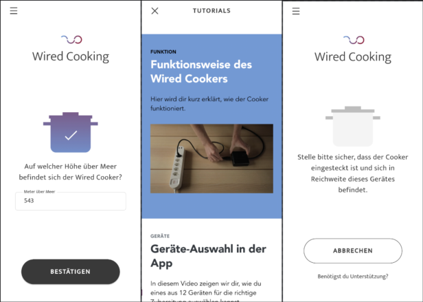drei Screenshots: Meereshöhe, Tutorial, Verbindungsverlust