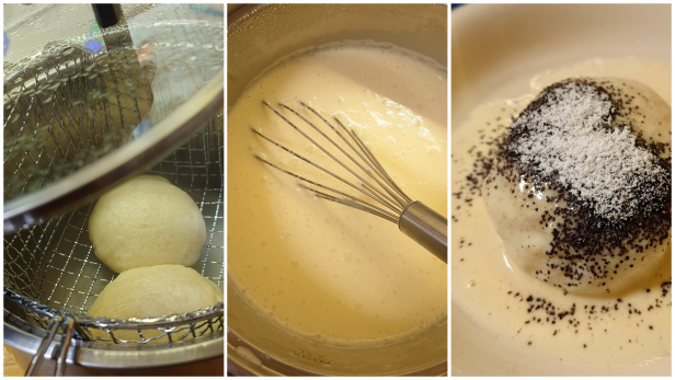 links: Germknödel im Wired Cooker; mitte: Vanillesauce im Wired Cooker; rechts: fertiger Germknödel mit Vanillesauce, Mohn und Staubzucker