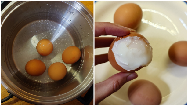 Vier Eier im Kochtopf und ein halb geöffnetes, weich gekochtes Ei in der Hand.