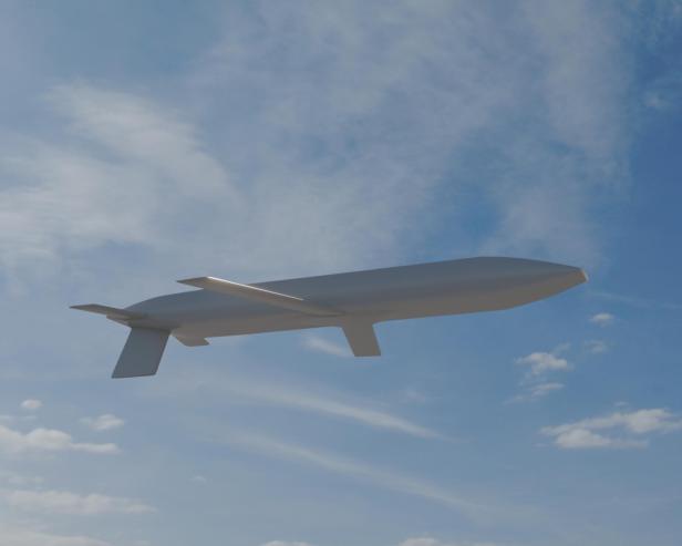 Renderbild des Marschflugkörpers AGM-181, der durch den blauen Himmel fliegt