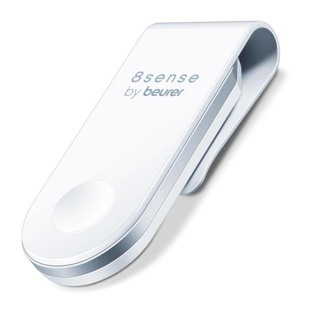 Weißer, rechteckiger Clip mit abgerundeten Ecken und silbernem Rand, darauf steht „8sense by beurer“.