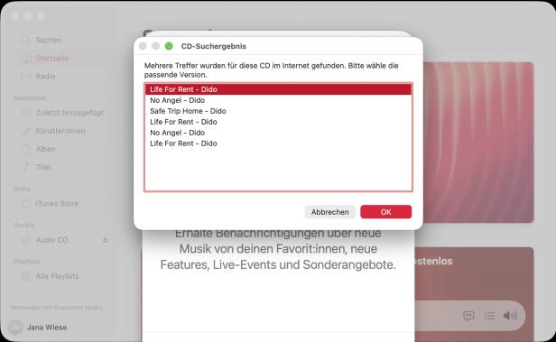 Dialogfenster mit mehreren CD-Treffern für Dido-Alben in einer Musiksoftware.