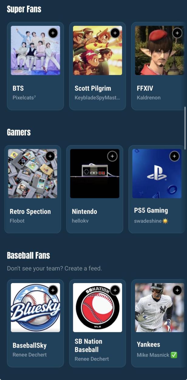 Verschiedenste kleine Kacheln zu den Feed-Themen, unter anderem Playstation, BTS, Baseball