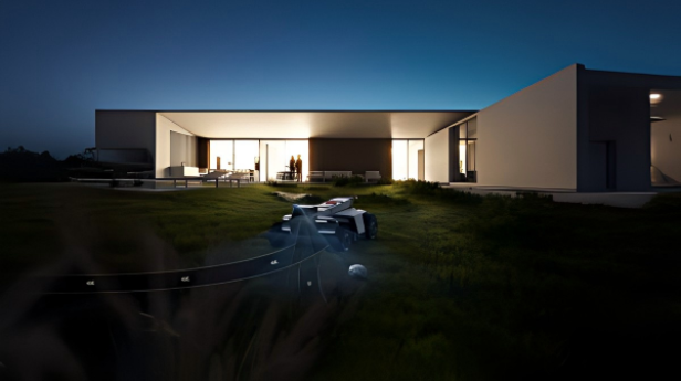 Modernes, beleuchtetes Haus mit großen Fenstern bei Nacht, davor steht ein futuristisches Auto auf einer Rasenfläche.