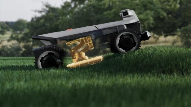 Ein autonomer Rasenmähroboter fährt über eine Wiese, das Mähwerk ist teilweise durchsichtig dargestellt.