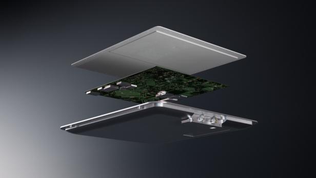 Explosionsdarstellung der Amazon Leo Aviation Antenna mit sichtbaren Elektronikkomponenten.
