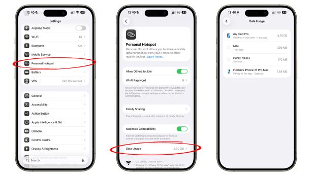 So findet man den Datenverbraucht des iPhone-Hotspots.