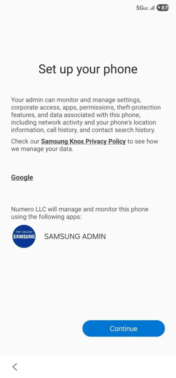 Hinweis zur Fernverwaltung durch Numero LLC auf dem Einrichtungsbildschirm eines Samsung-Smartphones.