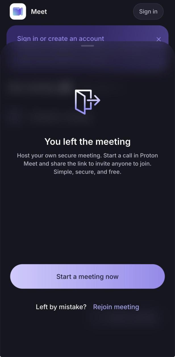 User Interface von Proton Meet