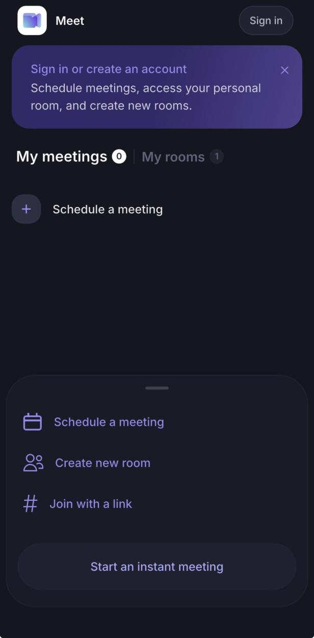 Userinterface von Proton Meet