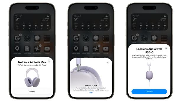 Screenshots zeigen die Inbetriebahme der Apple AirPods Max 2