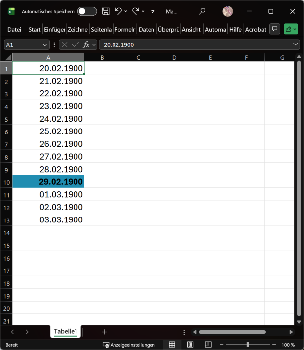 Excel-Tabelle mit Datumsangaben, darunter der hervorgehobene 29.02.1900.