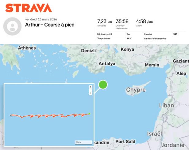 Die Strava-Laufdaten eines Matrosen zeigen den Kurs der Charles de Gaulle im Mittelmeer südlich von Zypern.
