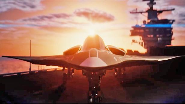 Ein Renderbild zeigt den Kampfjet F/A-XX von vorne während eines Sonnenaufgangs