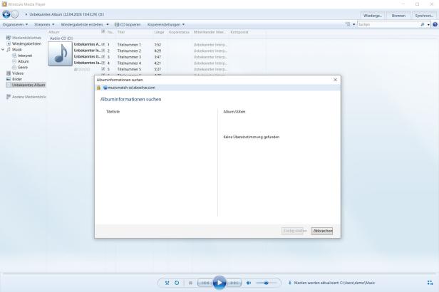Screenshot vom Windows Mediaplayer, es können keine Metadaten gefudnen werden