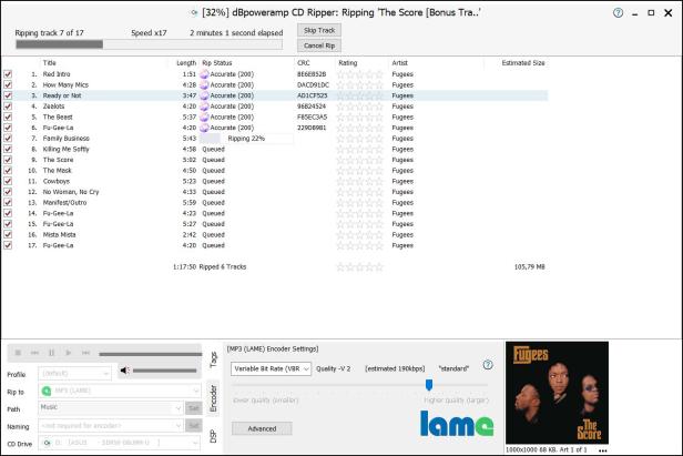 Screenshot des dBPoweramp CD Rippers beim Digitalisieren des Albums „The Score“ der Fugees.