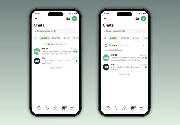Screenshots vom WhatsApp-Interface mit KI-Button. 