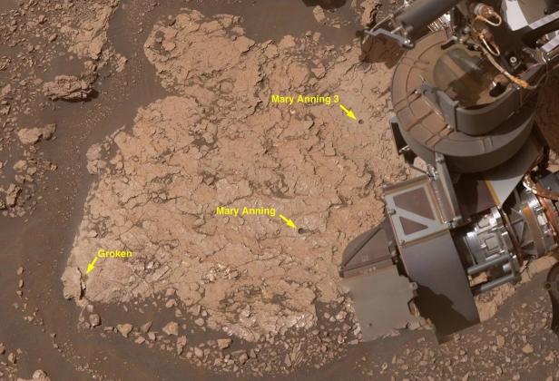 Der NASA-Rover Curiosity untersucht markierte Bohrstellen wie „Mary Anning“ auf der Marsoberfläche, wo organische Moleküle entdeckt wurden.
