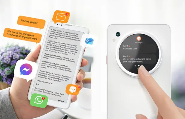 Vorder- und Rückseite eines Smartphones mit E-Ink-Display und rundem LC-Display für Nachrichten.