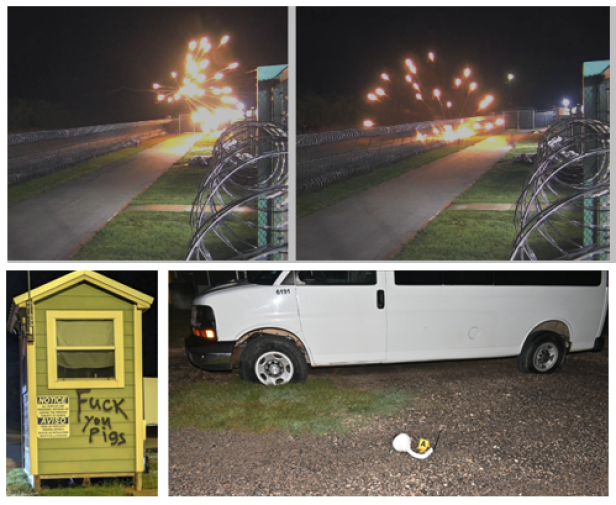 4 kleine Fotos zeigen ein Feuerwerk, ein beschmiertes Häuschen und Auto, bei dem die Reifen aufgestochen wurden.
