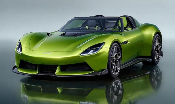 Sportwagen Formula X in grüner Farbe steht vor grauem Hintergrund auf einer spiegelnden Oberfläche